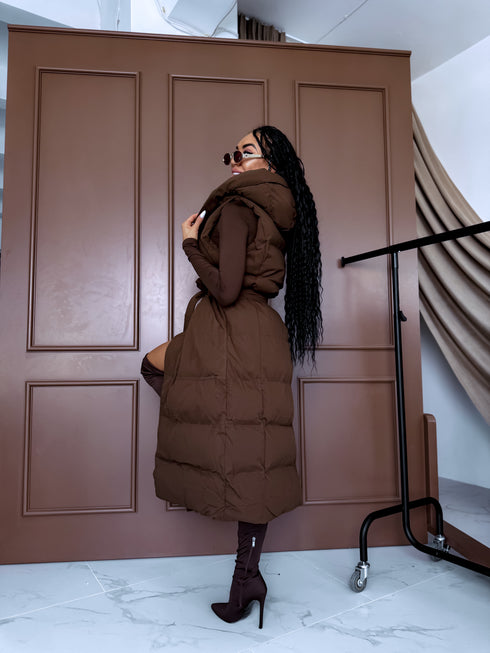 Long, chocolate brown vest with tie belt